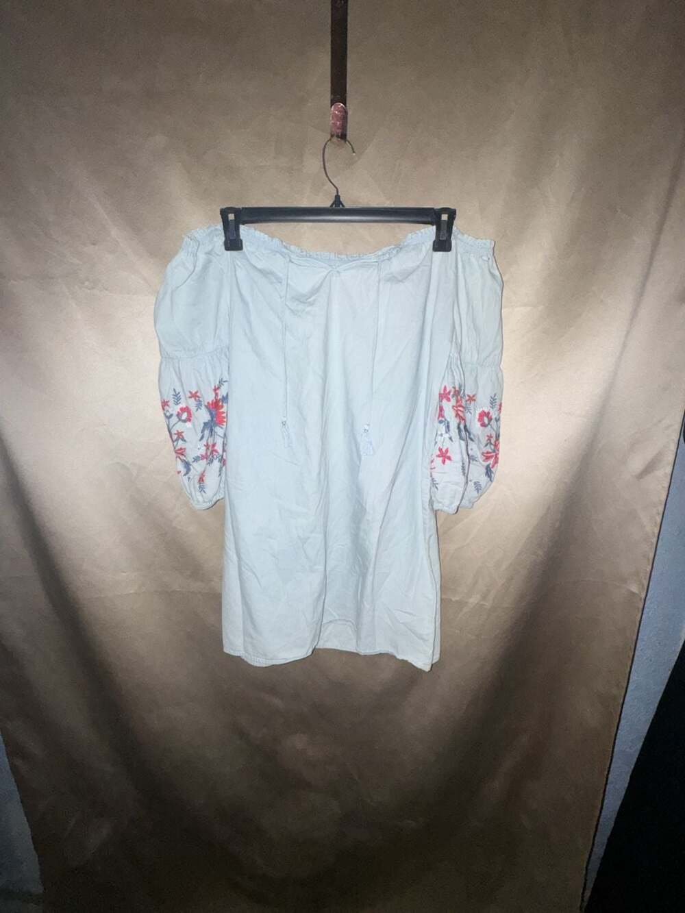 Aeropostale Off-Shoulder Chambray Embroidered Balloon Sleeve Mini Dress - Picture 1 of 6